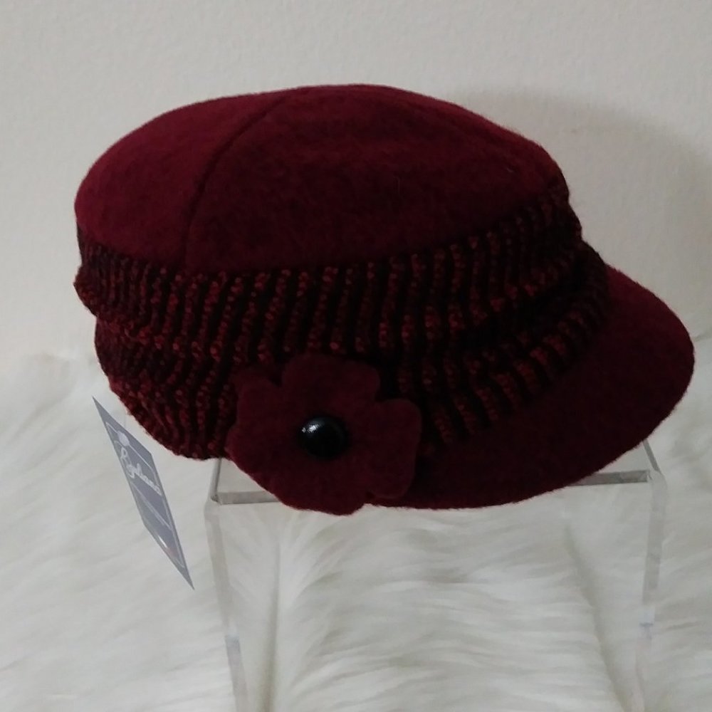 SOLD Giuliana Women's Newsboy w Flower Hat Burgundy 50% Wool Cap Italy - Picture 8 of 16